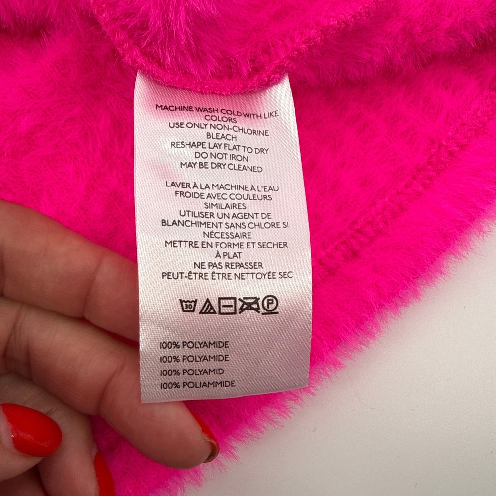 By Anthropologie Neon Pink Fuzzy Sweater Eyelash Mock Neck Cropped Knit Top M - Picture 6 of 9